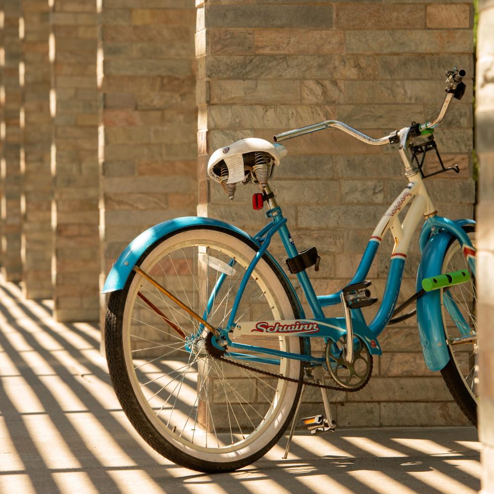 Blue bicycle in shadows near Shrem Museum