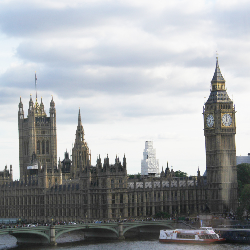 ""Palace of Wesminster, Elizabeth Tower and Westminster Bridge, viewed from across the River Thames