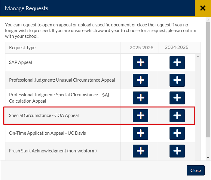 Screenshot of Cost of Attendance appeal menu