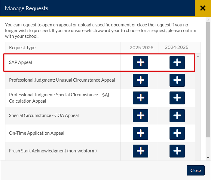 Screenshot of appeal menu with SAP highlighted