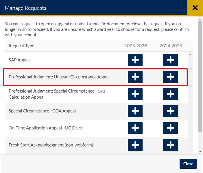 Screenshot of appeal menu with Unusual Circumstances highlighted