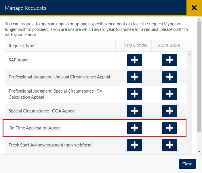 Screenshot of appeal menu with On-Time Appeal highlighted