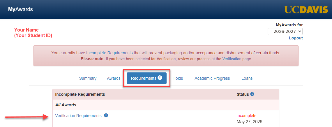 UC Davis MyRecords screenshot showing registration hold and highlighted Registration link
