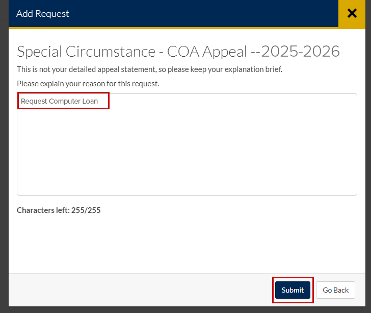 Screenshot of COA - computer loan request