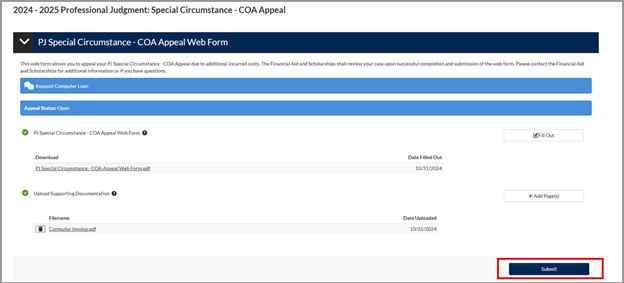 Screenshot of Cost of Attendance appeal submission