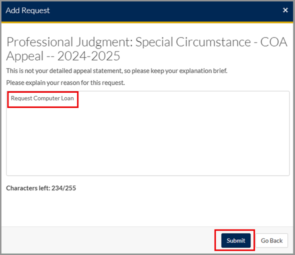 Screenshot of Cost of Attendance appeal request