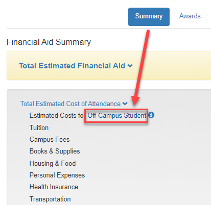 Screenshot of MyAwards housing status