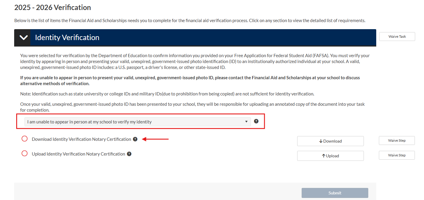 Screenshot of identity verification online form