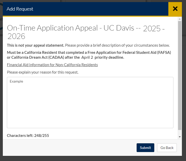 Screenshot of on-time appeal request form