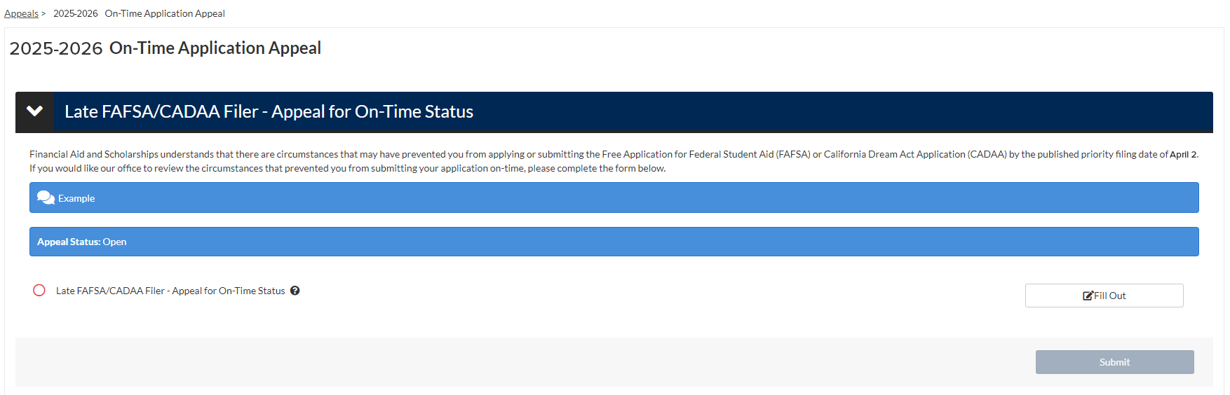 Screenshot of on-time appeal submission page