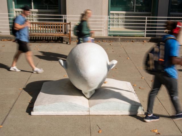 Egghead sculpture in front of Shields Library