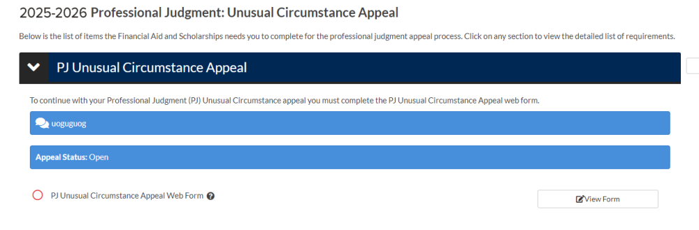 Screenshot of dependency appeal submission