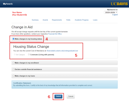 UC Davis student portal screenshot highlighting 'Housing Status Change' and Continue button.