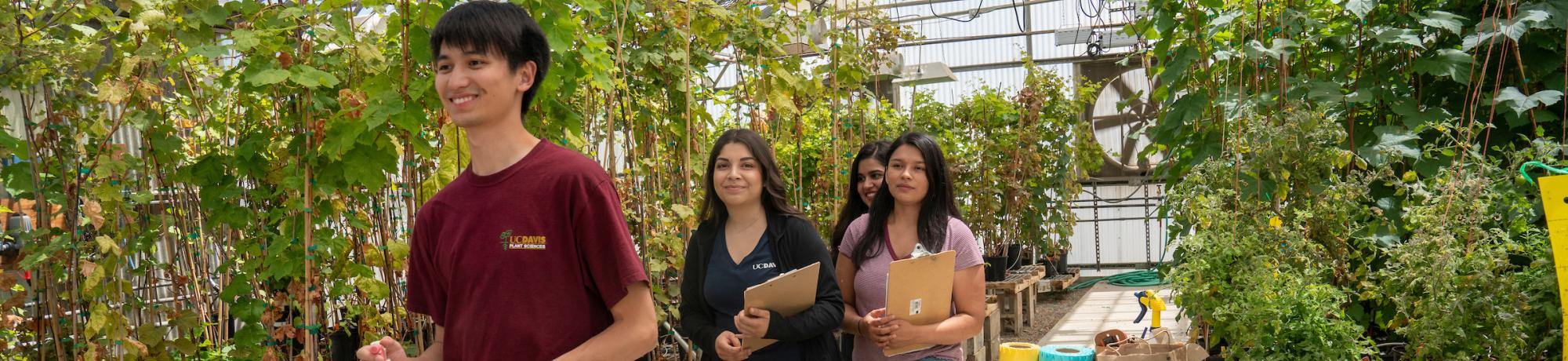 Students walk though greenhouse