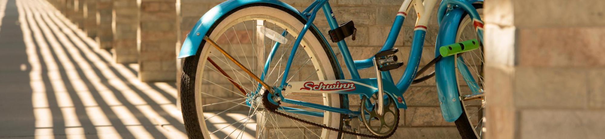 Blue bicycle in shadows near Shrem Museum