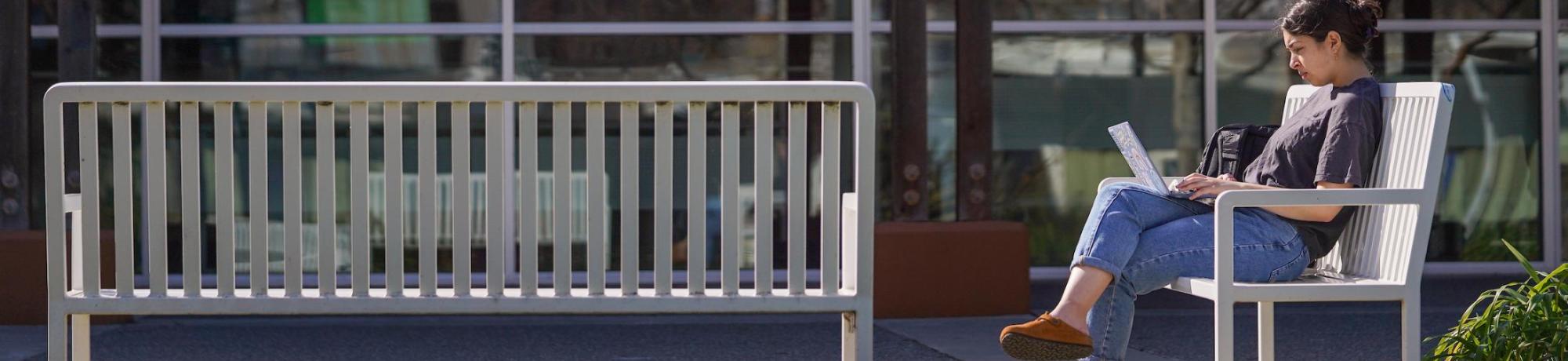A student sitting on a bench outside working on a laptop